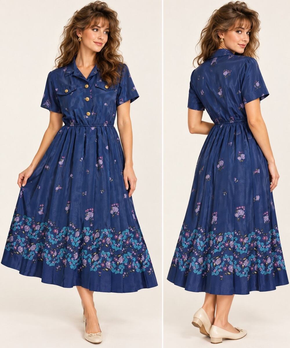 Vtg 90s Leslie Fay Petite 8 Blue Floral Print Midi Shirt Dress Gold Button NOS